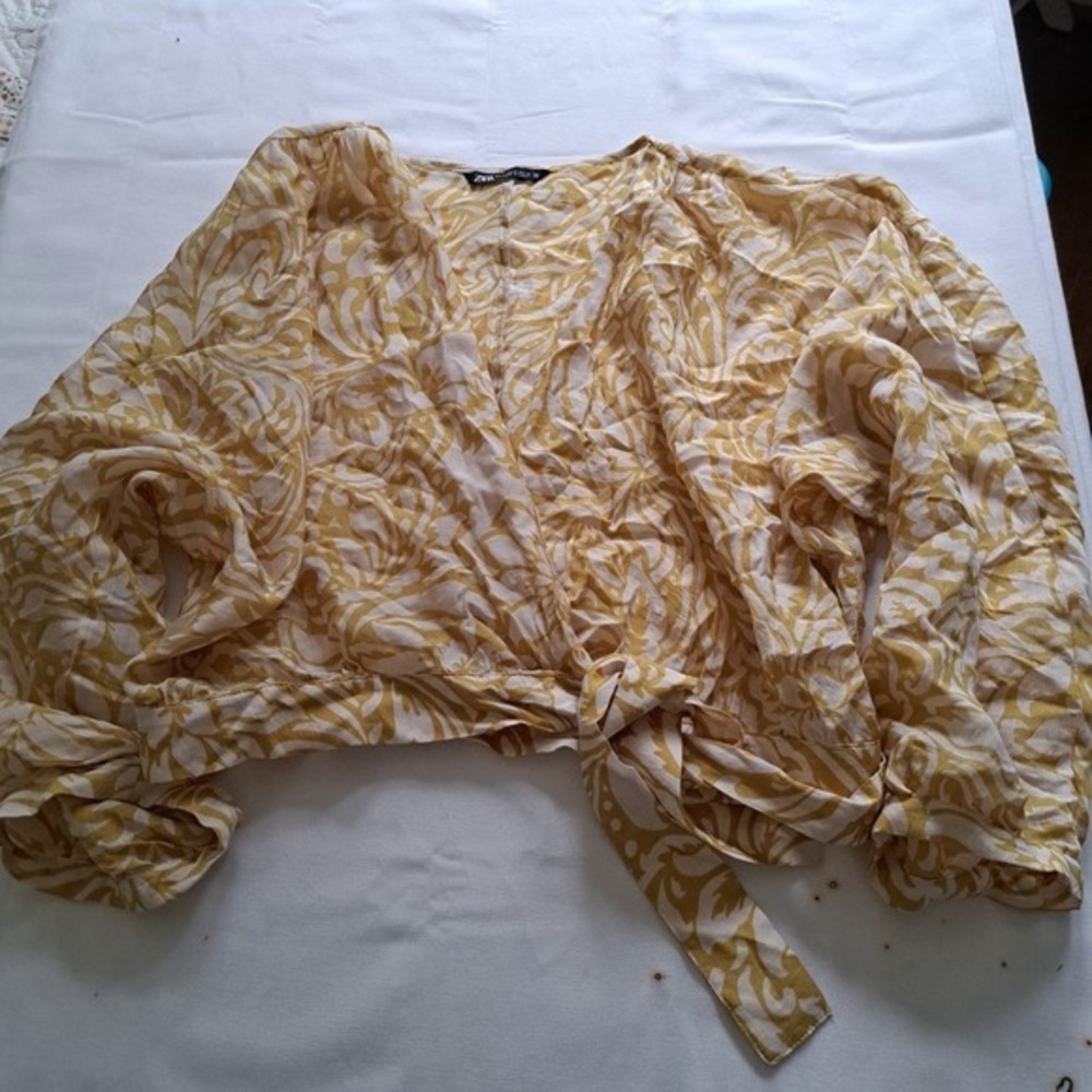 Zara Yellow Floral Damask Print Wrap Blouse Crop Top XL - Picture 3 of 9